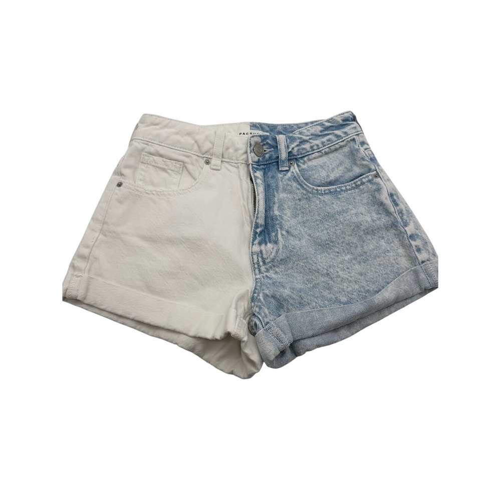 PacSun Colorblock Two-Tone White Light Blue Acid Wash Denim Mom Jean Shorts 23